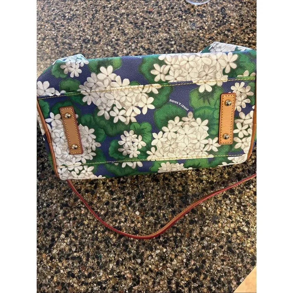 Dooney & Bourke Hydrangea Floral Pebble Grain Leather Satchel with Tan Trim